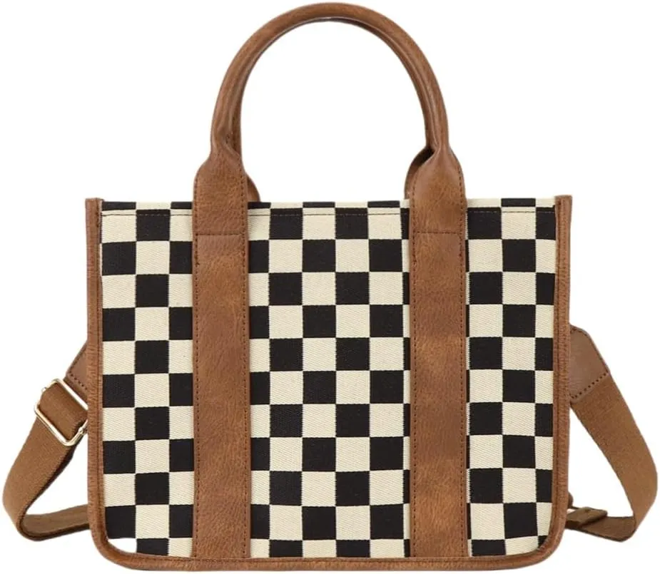 Checkered Crossbody Bag Black and White Purse Canvas Shoulder Bag Casual Tote Handbags for Work Travel