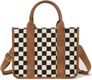 Checkered Crossbody Bag Black and White Purse Canvas Shoulder Bag Casual Tote Handbags for Work Travel
