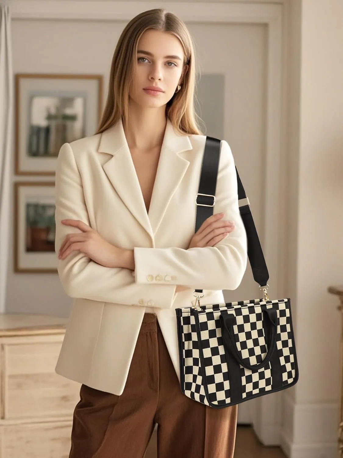 Checkered Crossbody Bag Black and White Purse Canvas Shoulder Bag Casual Tote Handbags for Work Travel