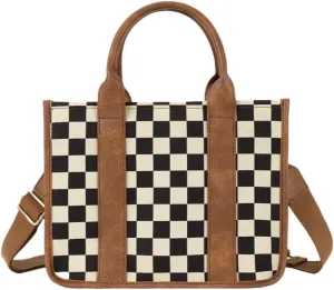 Checkered Crossbody Bag Black and White Purse Canvas Shoulder Bag Casual Tote Handbags for Work Travel