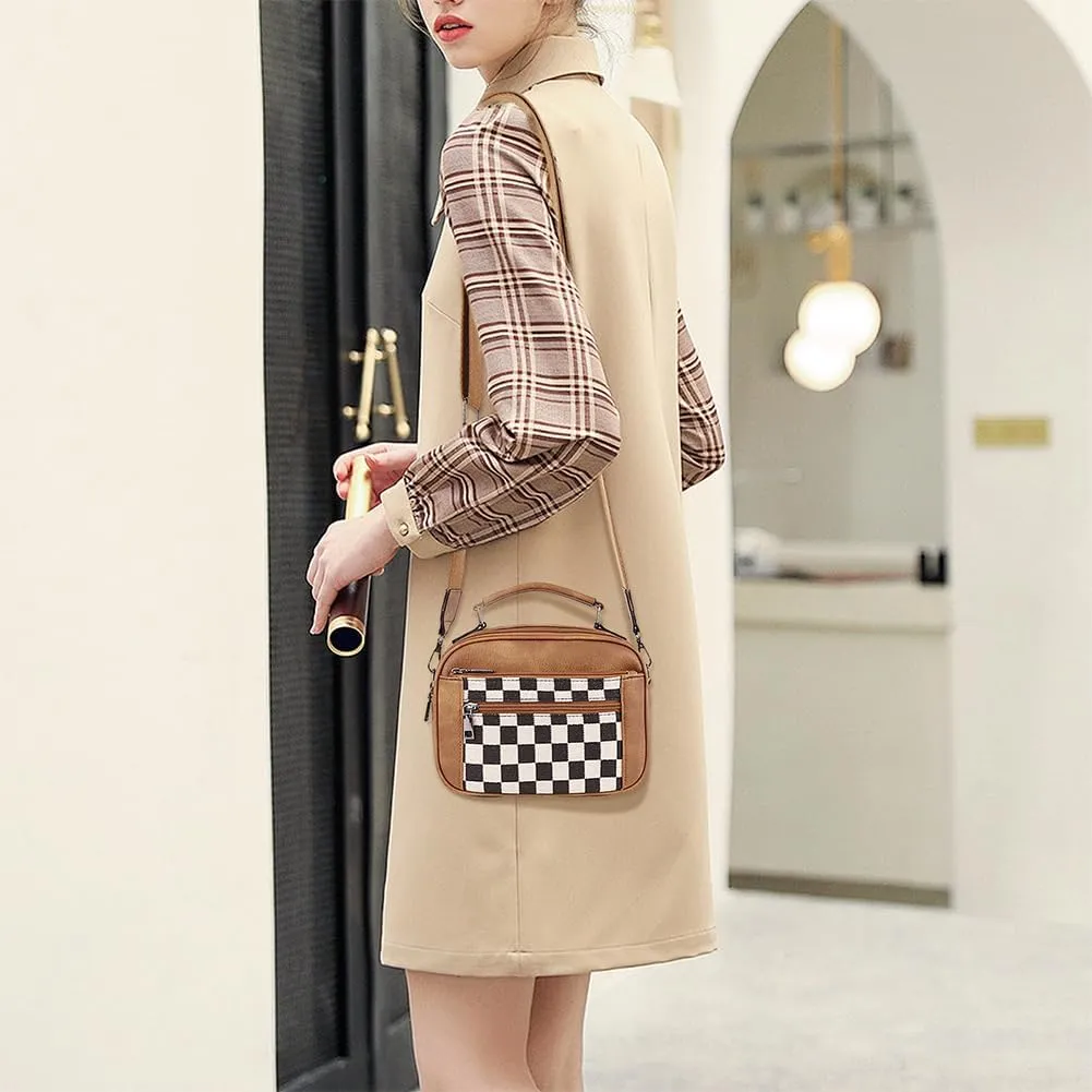 Checkered Crossbody Bag Checkered Purse for Women Checkerboard Leather Shoulder Bag Plaid Crossbody Purse Leather Handbags