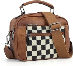 Checkered Crossbody Bag Faux Leather and Canvas Multipocket Square Purses Small Top-handle Handbags for Daily Shopping Travel