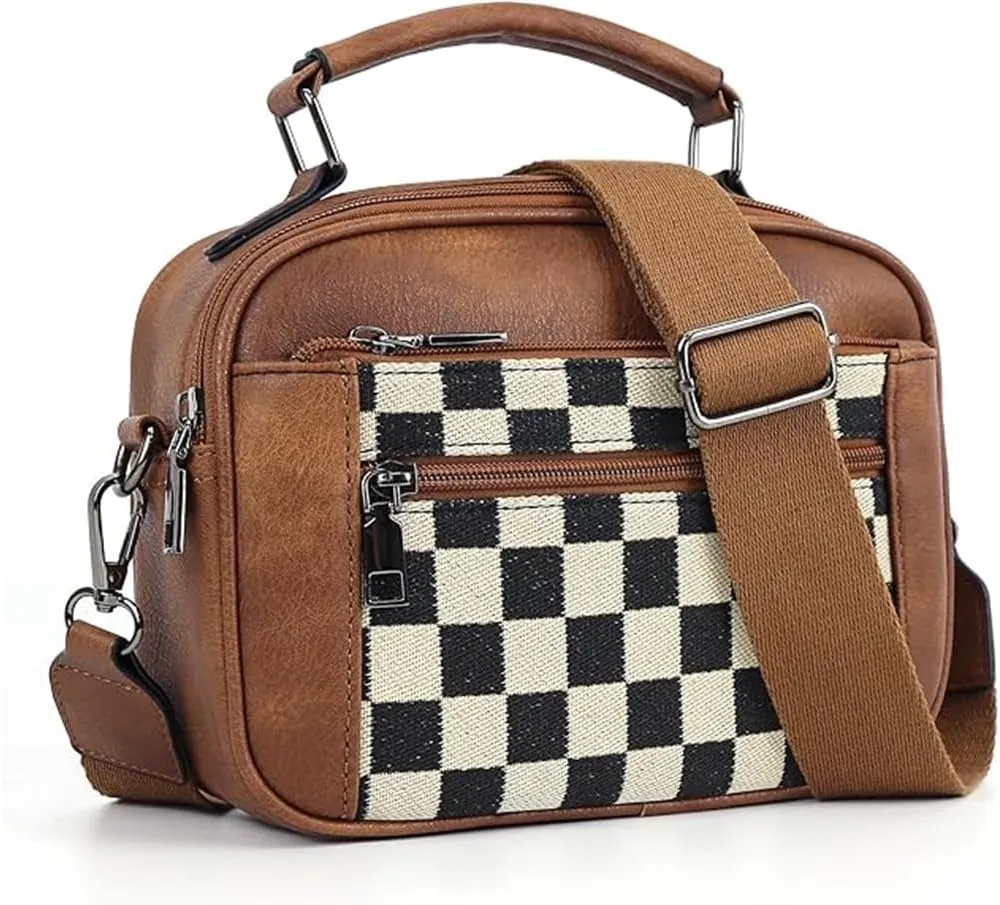 Checkered Crossbody Bag Faux Leather and Canvas Multipocket Square Purses Small Top-handle Handbags for Daily Shopping Travel