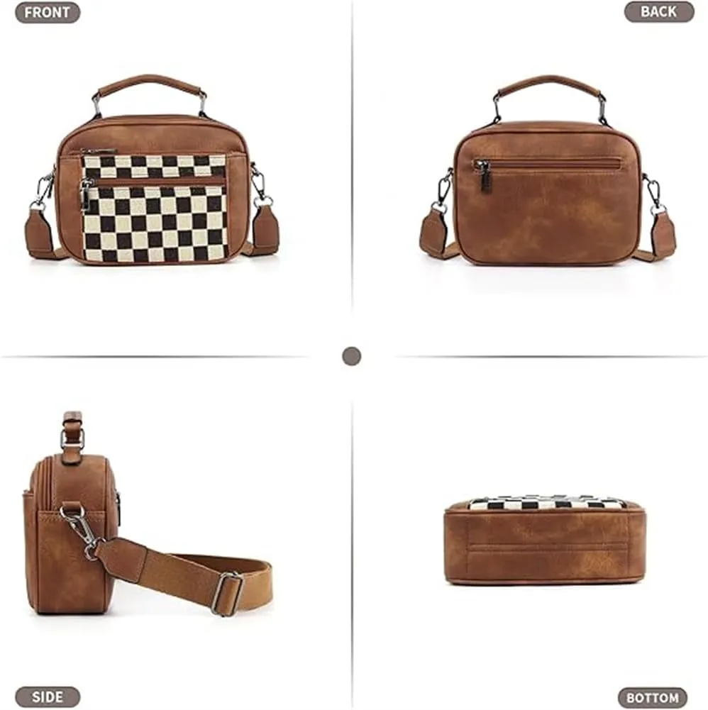 Checkered Crossbody Bag Faux Leather and Canvas Multipocket Square Purses Small Top-handle Handbags for Daily Shopping Travel