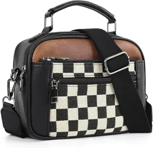 Checkered Crossbody Bag Faux Leather and Canvas Multipocket Square Purses Small Top-handle Handbags for Daily Shopping Travel
