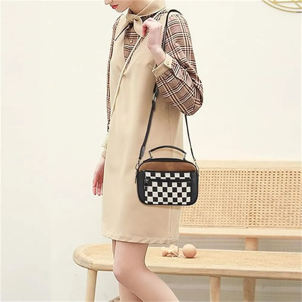 Checkered Crossbody Bag Faux Leather and Canvas Multipocket Square Purses Small Top-handle Handbags for Daily Shopping Travel