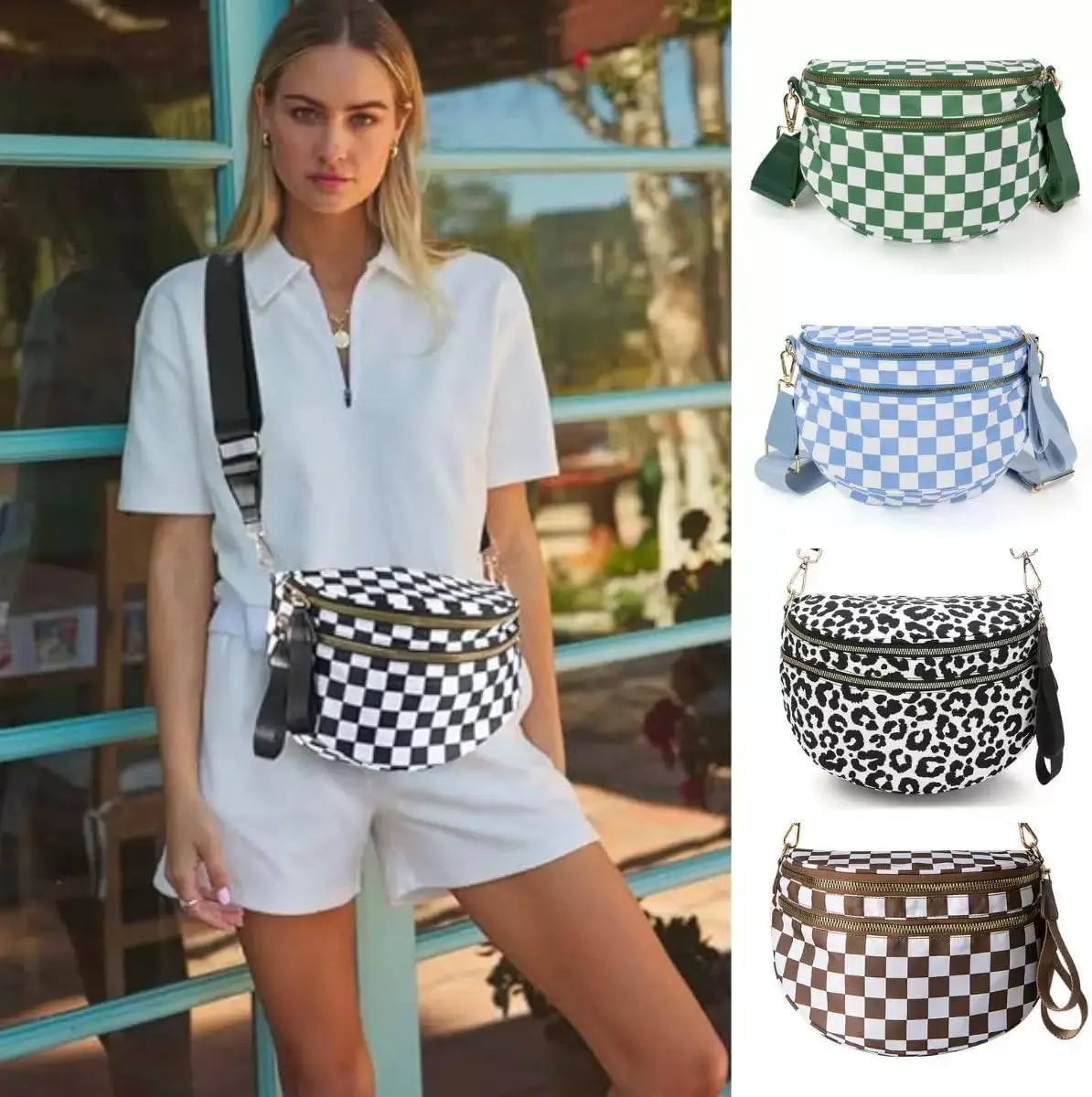 Checkered Crossbody Bag for Women - Nylon Sling Bags with Shoulder Strap, Wallets Purse Handbags