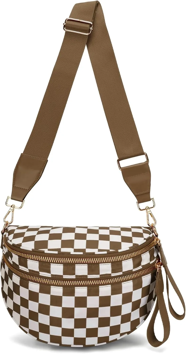 Checkered Crossbody Bag for Women - Nylon Sling Bags with Shoulder Strap, Wallets Purse Handbags