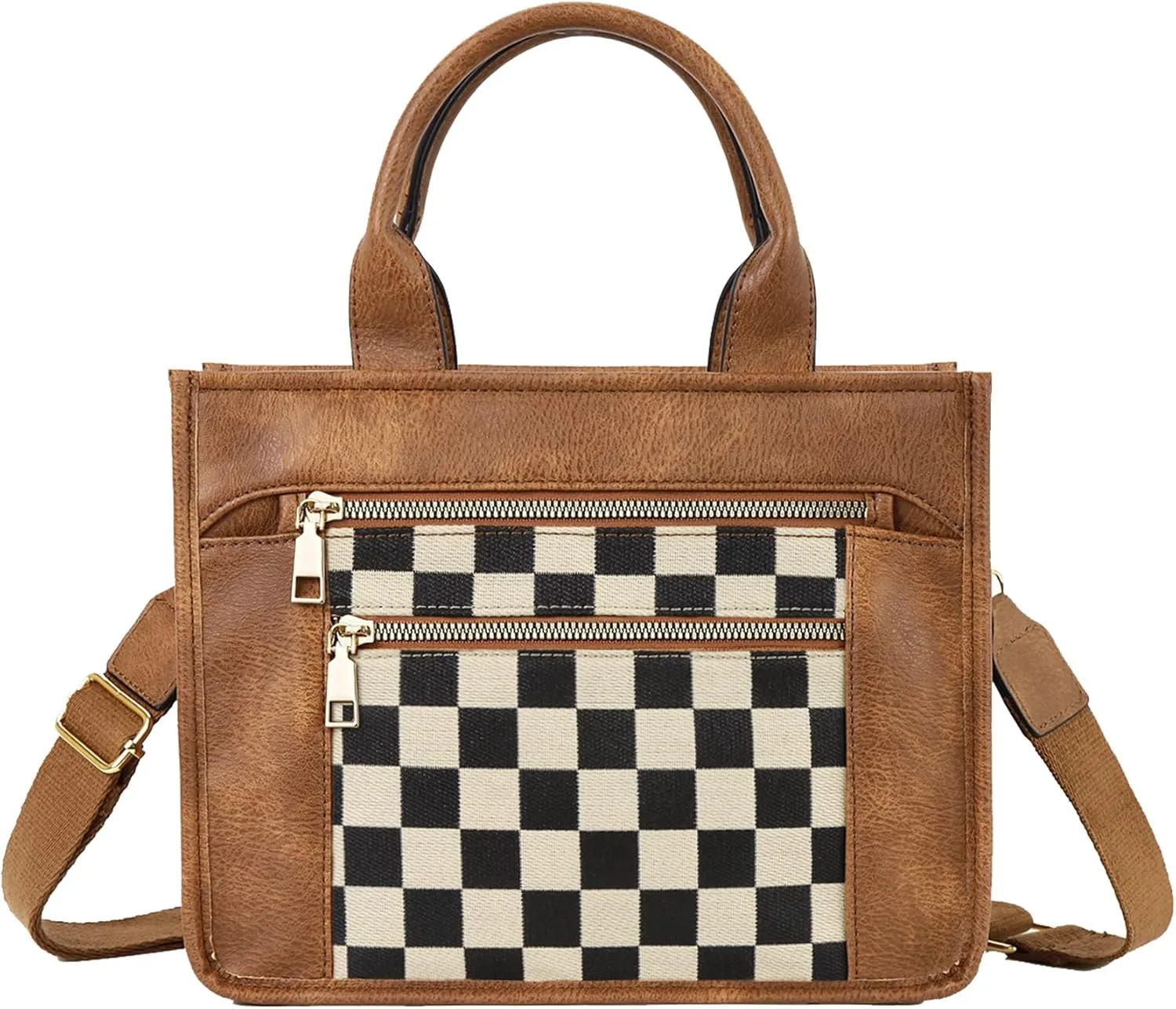 Checkered Crossbody Bag for Women PU Leather Tote Bag Black and White Plaid Pattern Purse Shoulder Bag for Work Travel