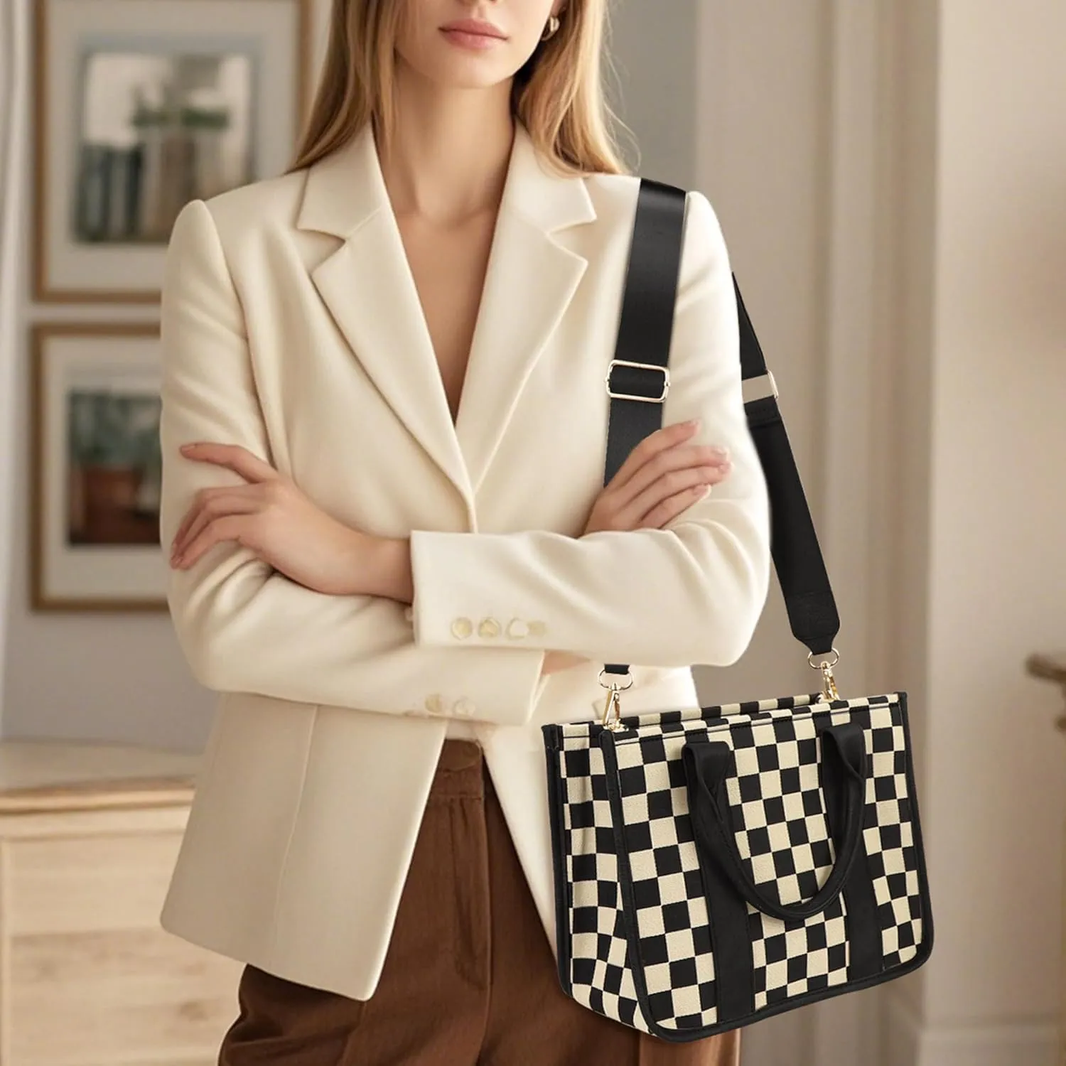 Checkered Crossbody Bag for Women PU Leather Tote Bag Black and White Plaid Pattern Purse Shoulder Bag for Work Travel