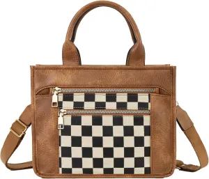 Checkered Crossbody Bag for Women PU Leather Tote Bag Black and White Plaid Pattern Purse Shoulder Bag for Work Travel