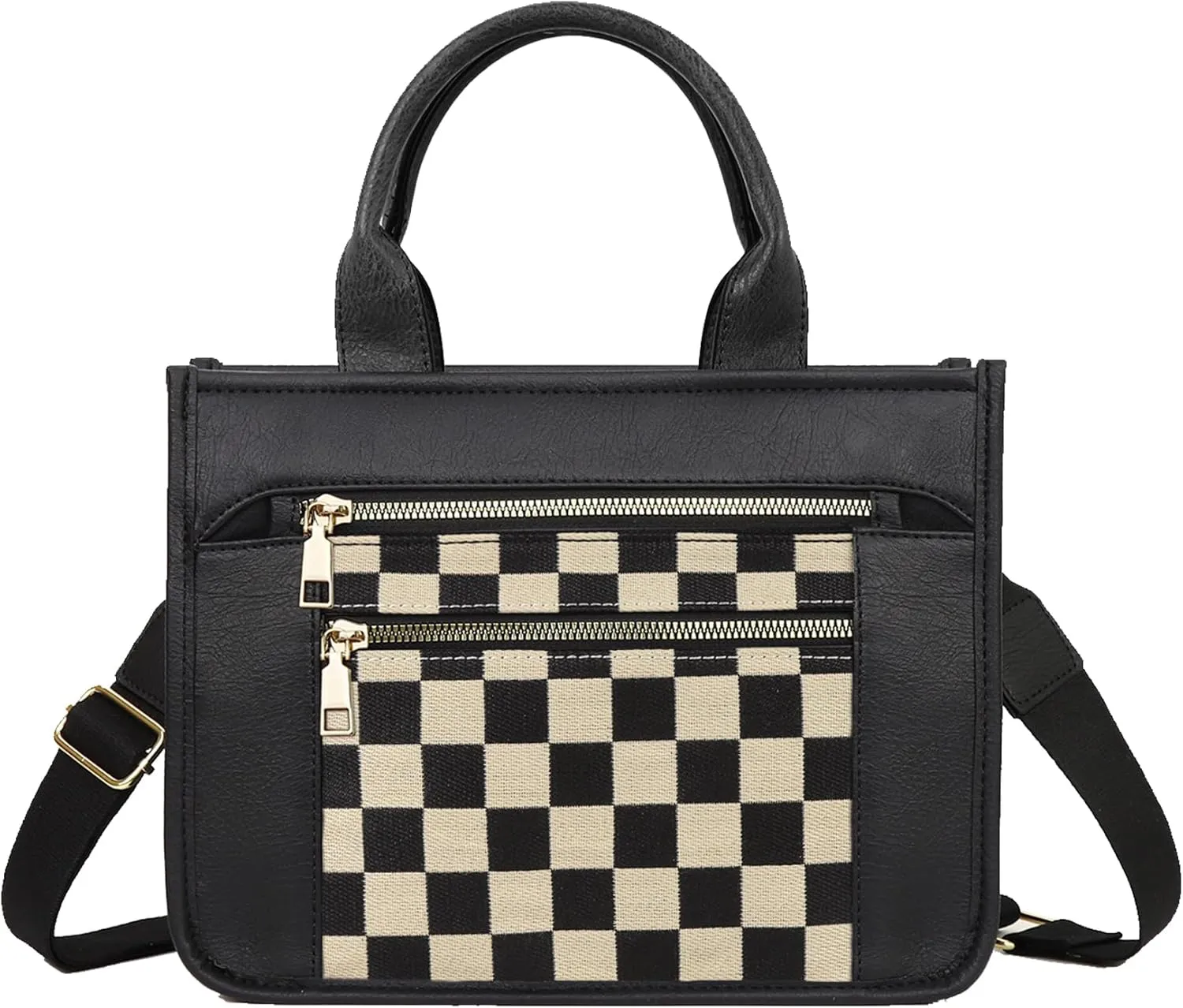 Checkered Crossbody Bag for Women PU Leather Tote Bag Black and White Plaid Pattern Purse Shoulder Bag for Work Travel