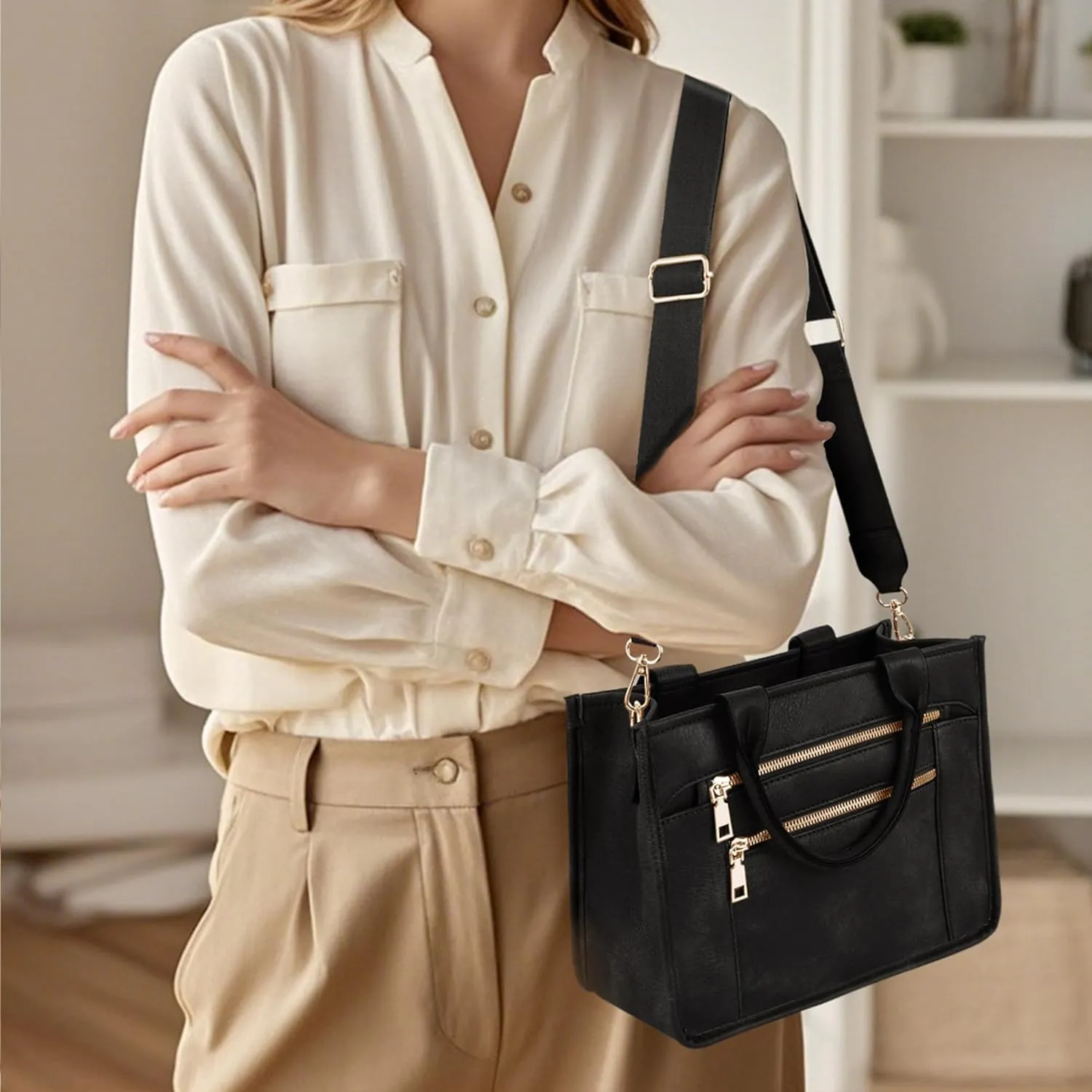 Checkered Crossbody Bag for Women PU Leather Tote Bag Black and White Plaid Pattern Purse Shoulder Bag for Work Travel