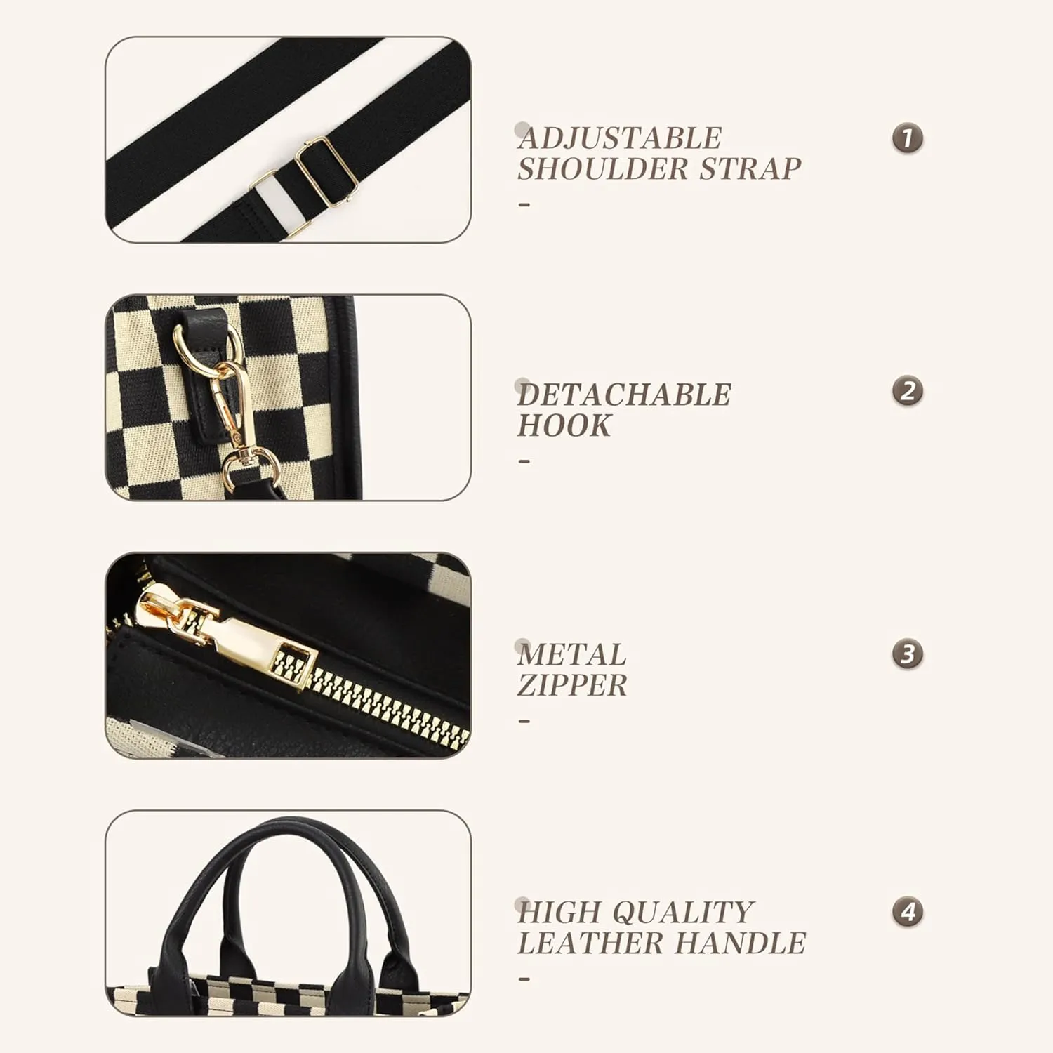 Checkered Crossbody Bag for Women PU Leather Tote Bag Black and White Plaid Pattern Purse Shoulder Bag for Work Travel