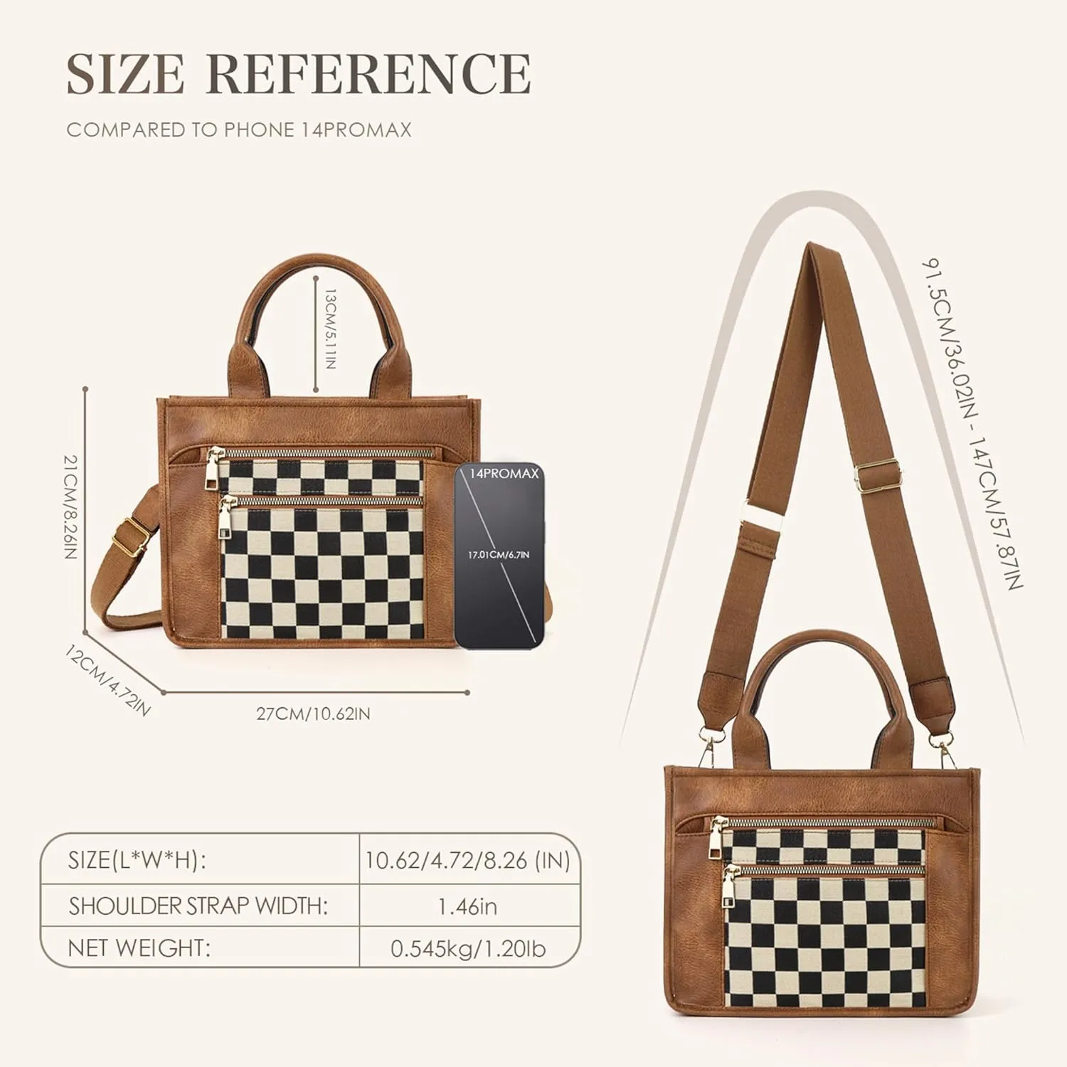 Checkered Crossbody Bag for Women PU Leather Tote Bag Black and White Plaid Pattern Purse Shoulder Bag for Work Travel