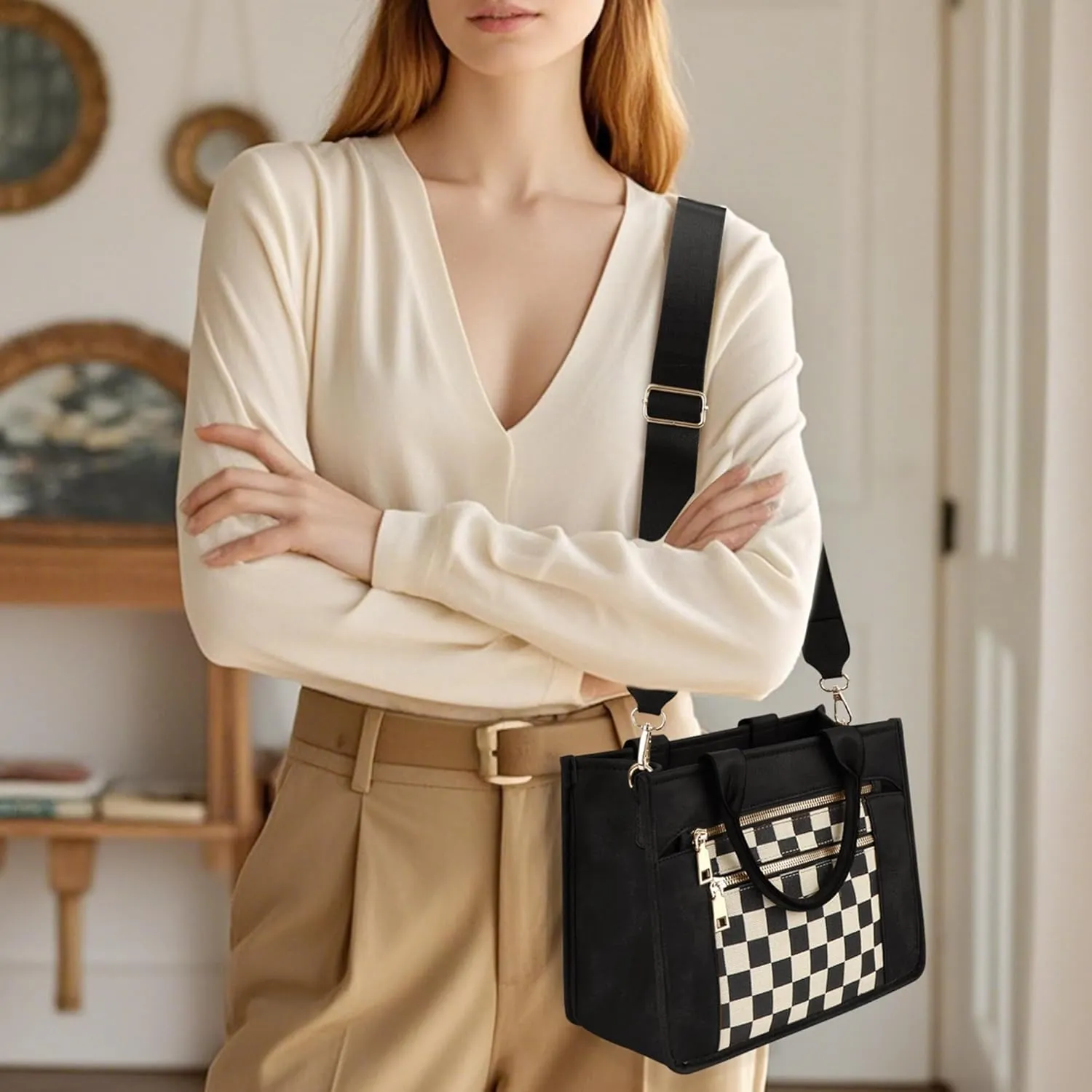 Checkered Crossbody Bag for Women PU Leather Tote Bag Black and White Plaid Pattern Purse Shoulder Bag for Work Travel