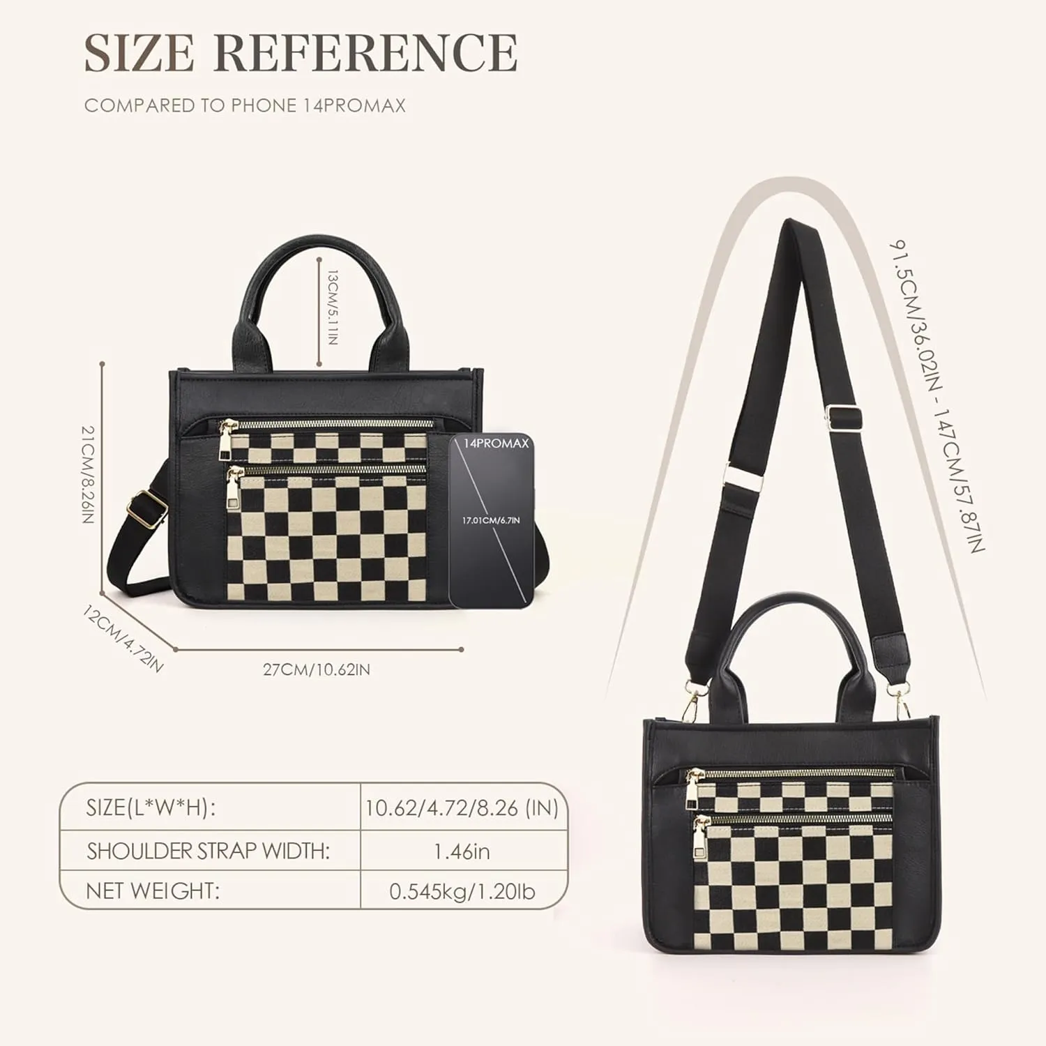 Checkered Crossbody Bag for Women PU Leather Tote Bag Black and White Plaid Pattern Purse Shoulder Bag for Work Travel
