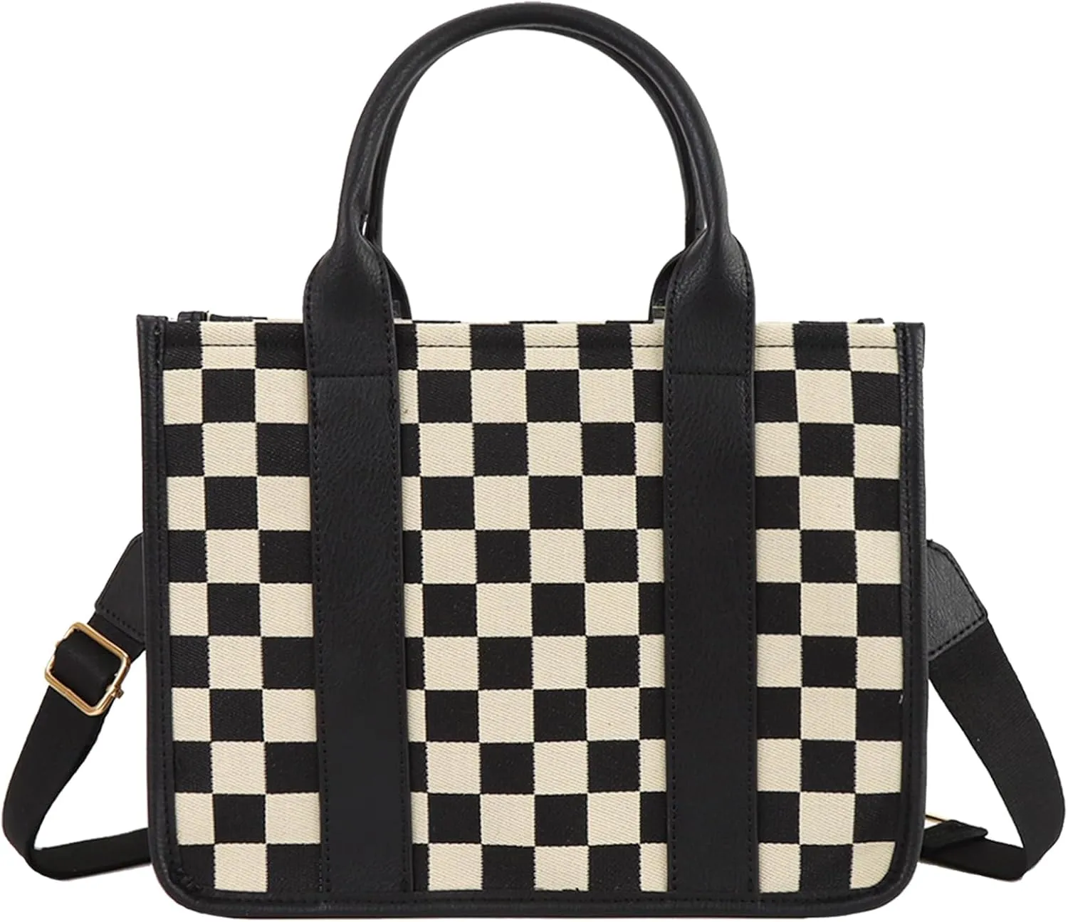 Checkered Crossbody Bag for Women PU Leather Tote Bag Black and White Plaid Pattern Purse Shoulder Bag for Work Travel
