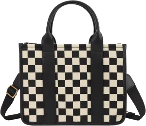 Checkered Crossbody Bag for Women PU Leather Tote Bag Black and White Plaid Pattern Purse Shoulder Bag for Work Travel
