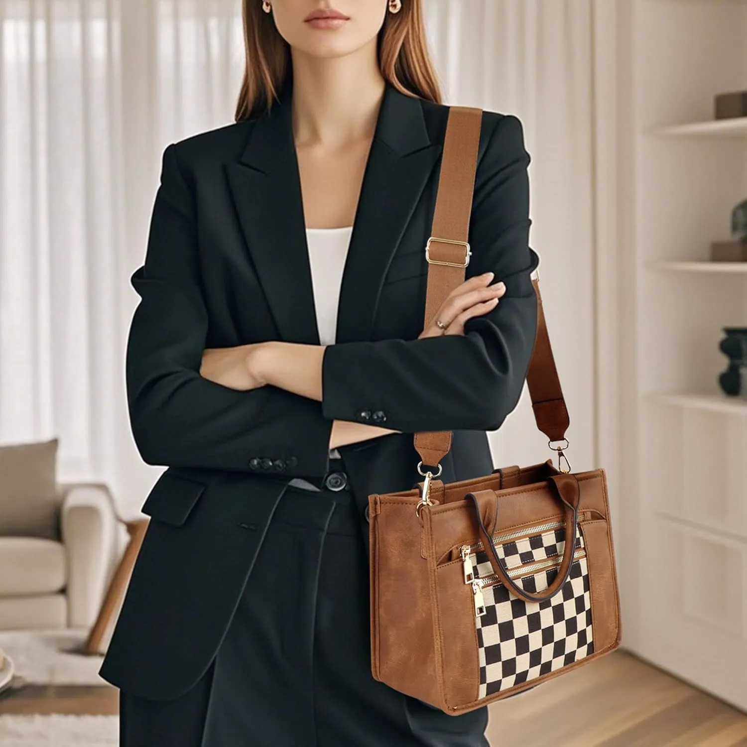 Checkered Crossbody Bag for Women PU Leather Tote Bag Black and White Plaid Pattern Purse Shoulder Bag for Work Travel