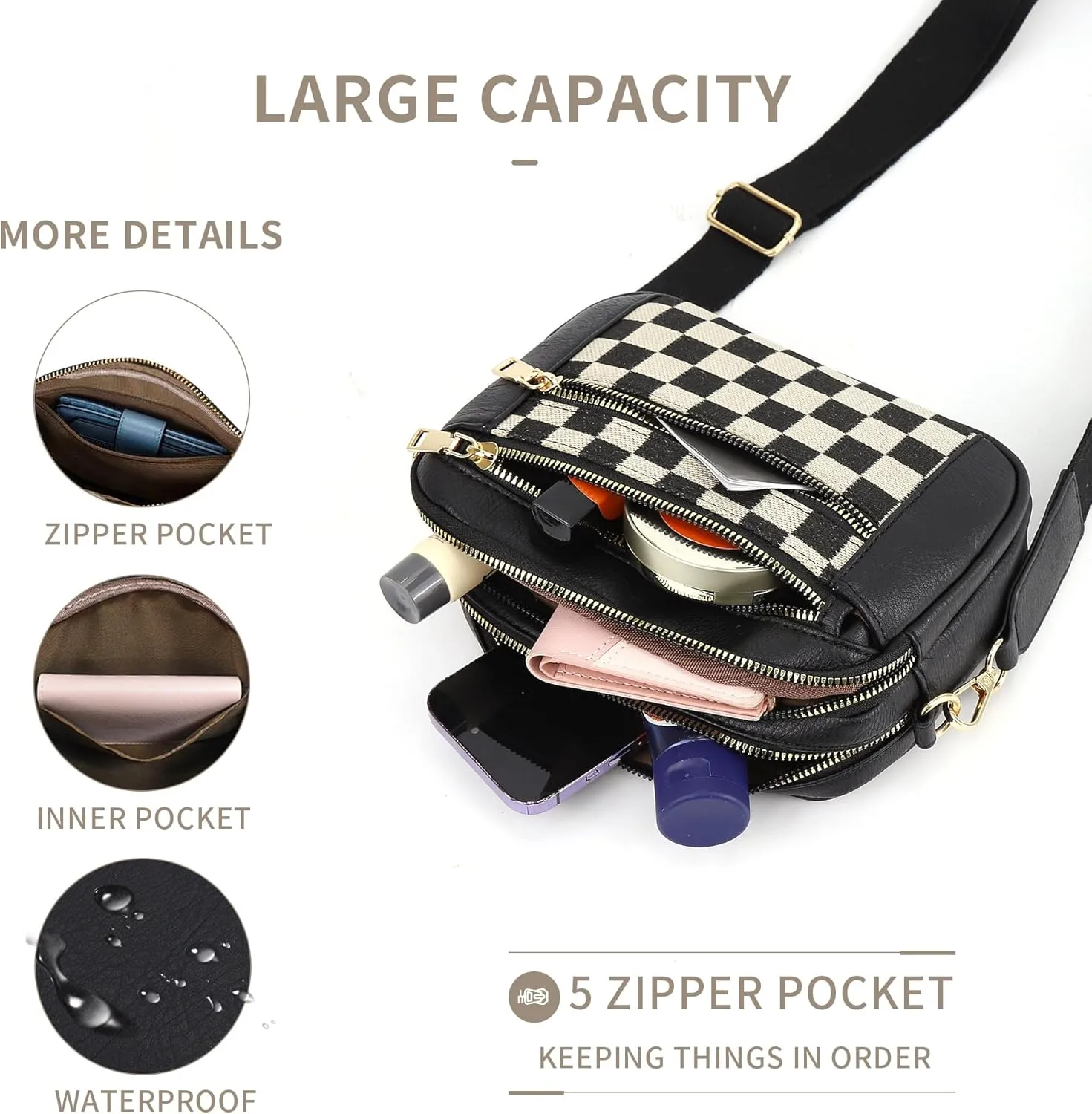 Checkered Crossbody Bags for Women Plaid Womens Cross Body Purses Checkerboard Leather Shoulder Bag Handbags