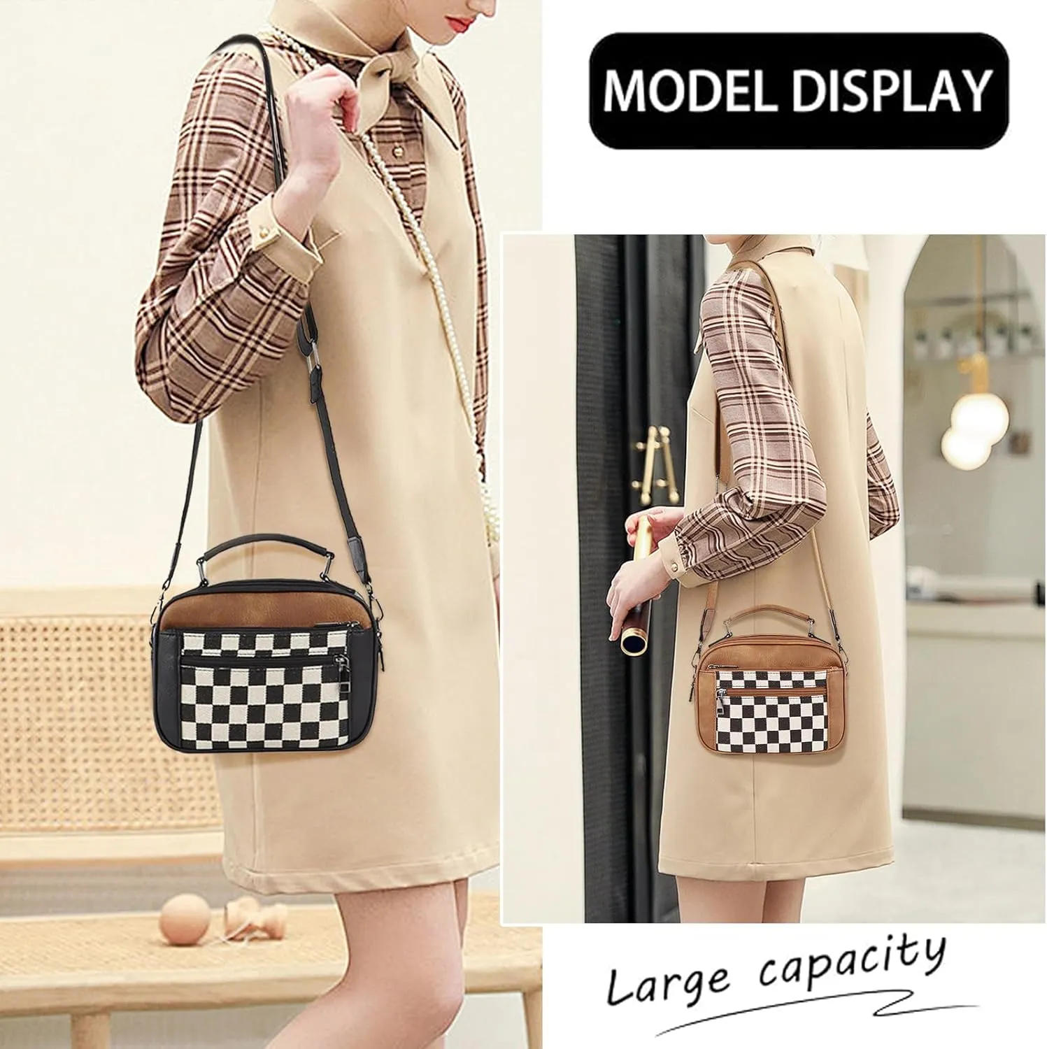 Checkered Crossbody Purse Women Plaid Shoulder Bag Checkerboard Top Hand Tote bag Leather Hobo Handbags