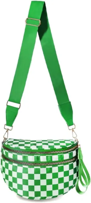 Checkered Nylon Crossbody Bags for Women Plaid Crescent Waist Bag Crescent Fanny Pack Shoulder Bag Handbags (White-Green)