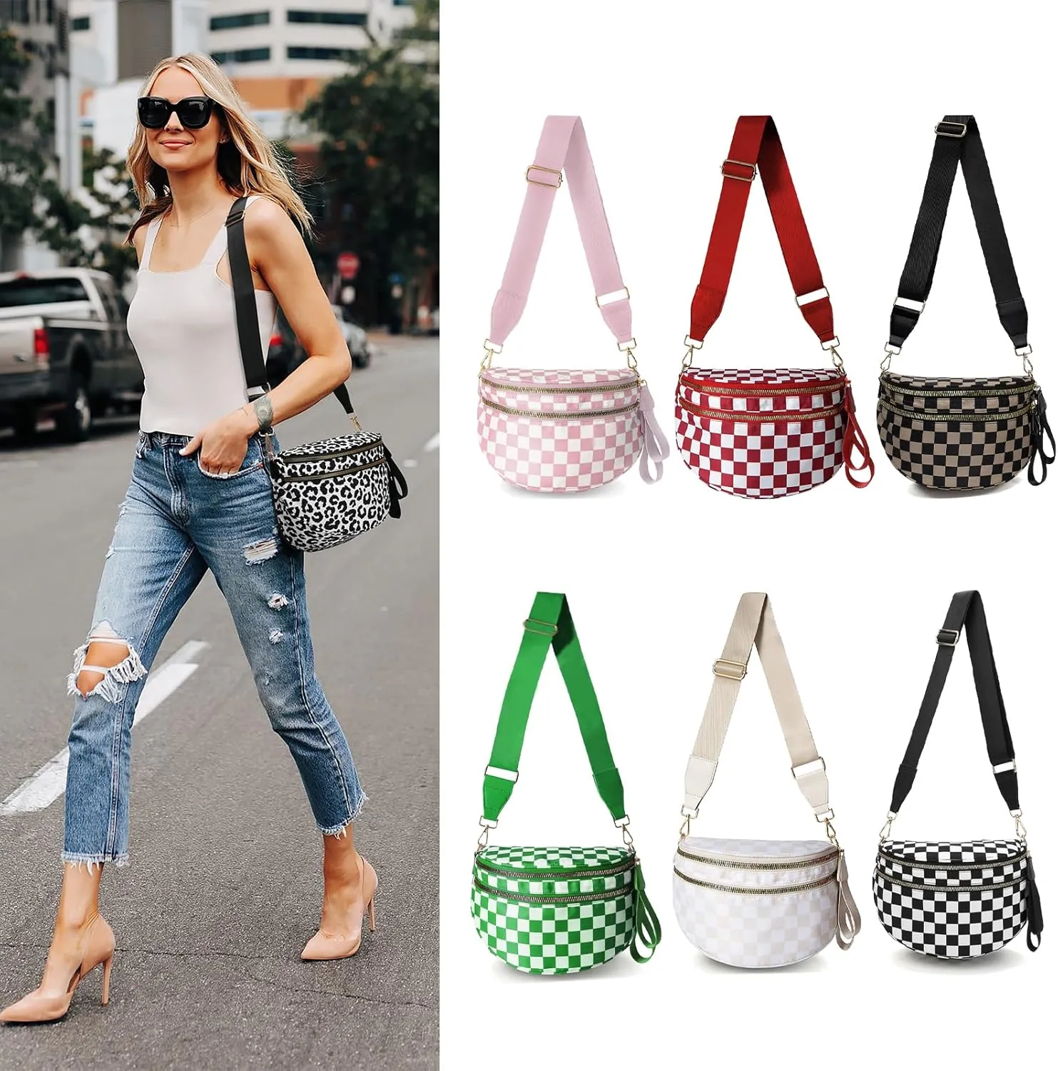 Checkered Nylon Crossbody Bags for Women Plaid Crescent Waist Bag Crescent Fanny Pack Shoulder Bag Handbags (White-Green)