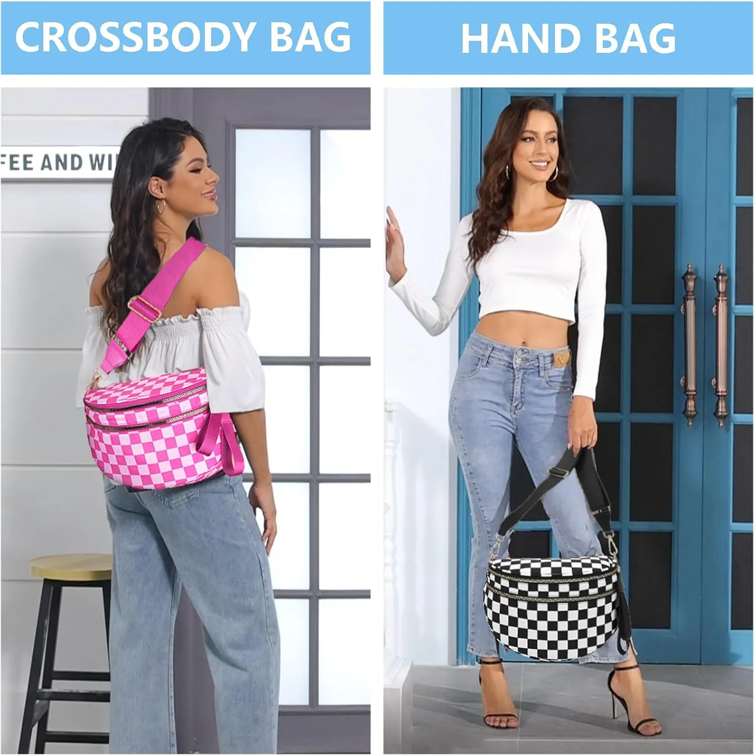Checkered Nylon Crossbody Bags for Women Plaid Crescent Waist Bag Crescent Fanny Pack Shoulder Bag Handbags (White-Green)