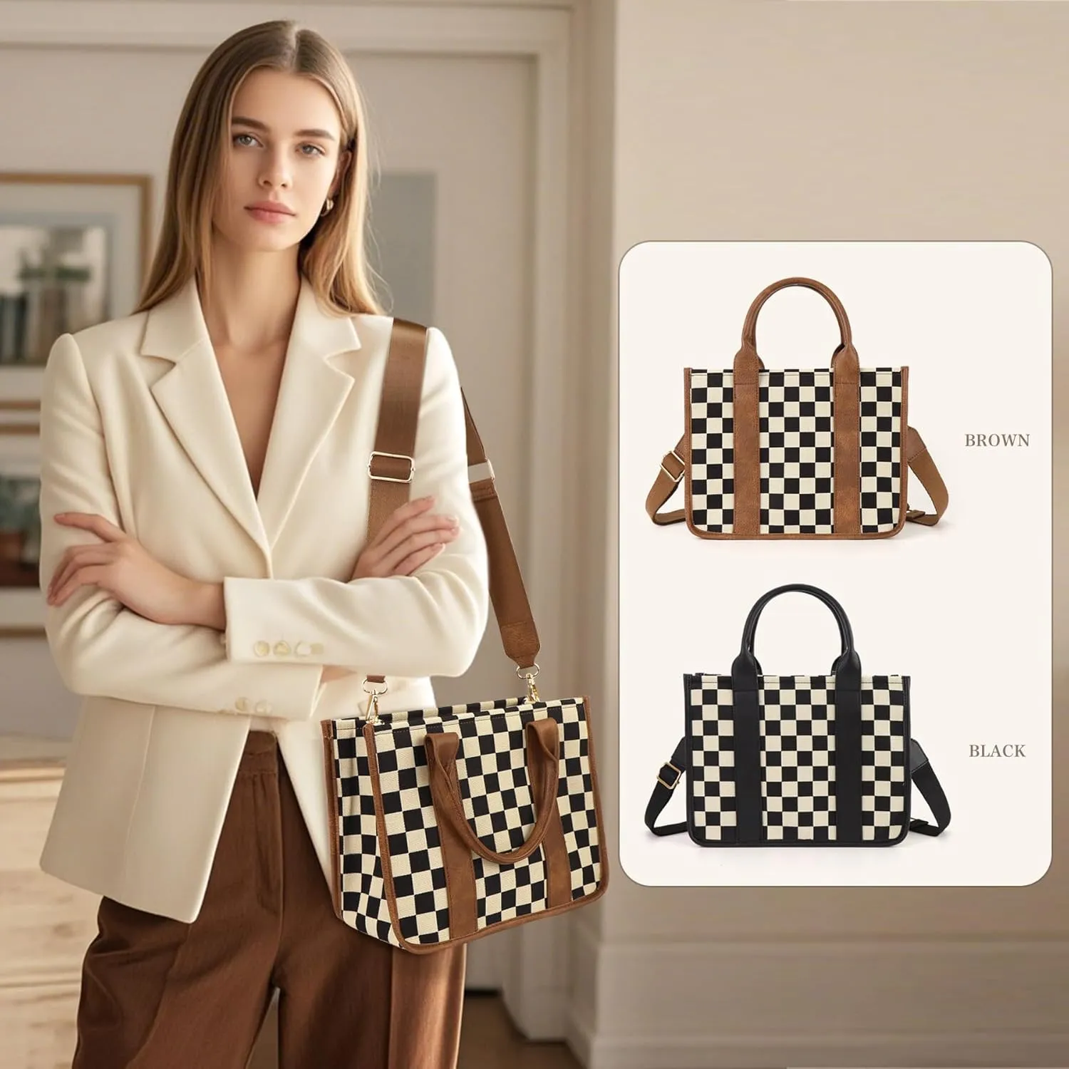 Checkered Tote Bag for Women,Checkered Crossbody Bag Black and White Purse Canvas Shoulder Top Handle Tote Handbags 2025