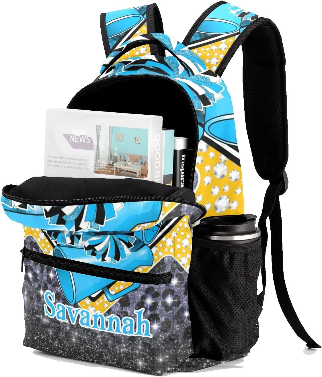 Cheer Bag Cheerleading Backpack Laptop Bag Customized Travel Daypack for Gift(Sky Blue Black Gold)