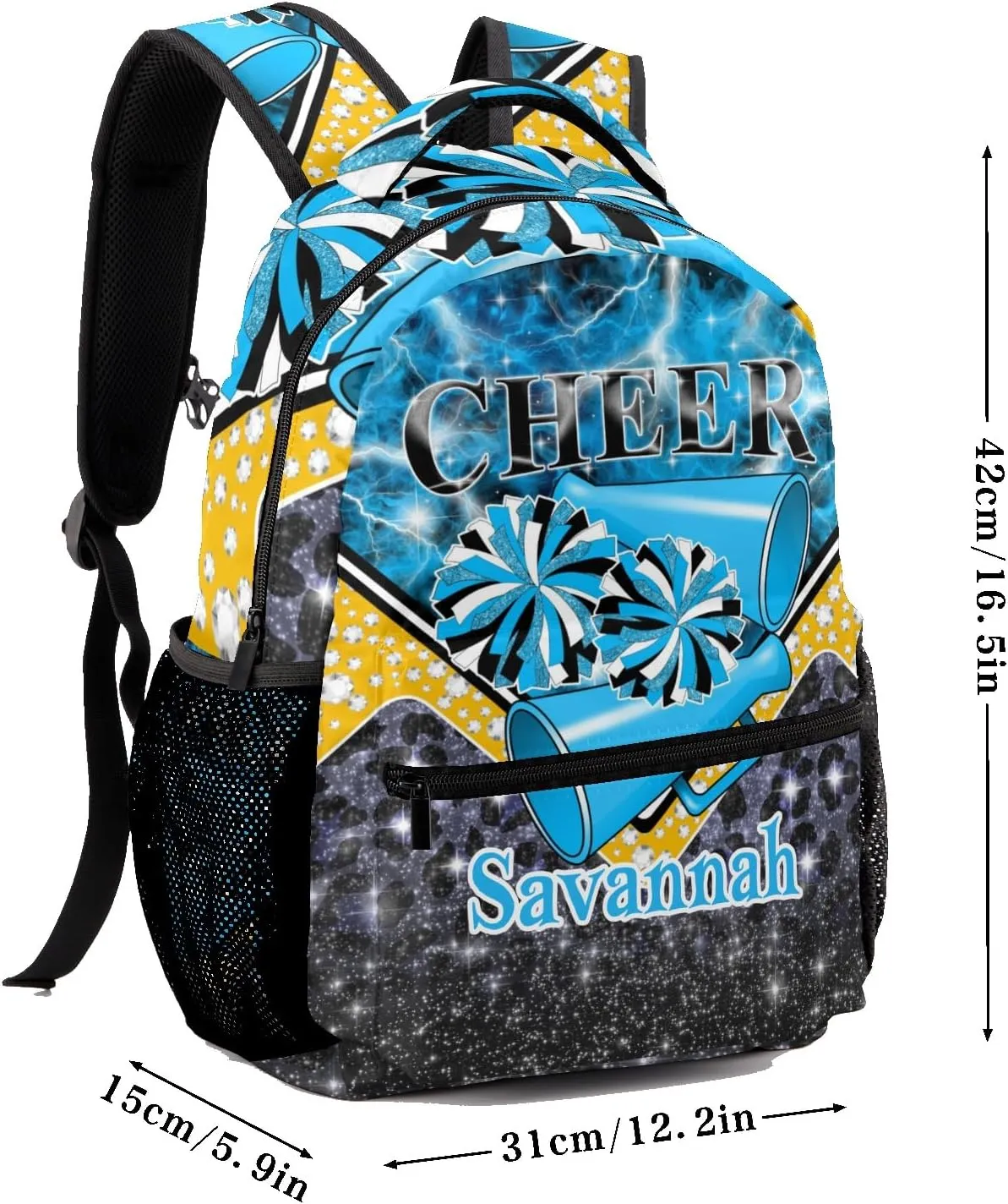 Cheer Bag Cheerleading Backpack Laptop Bag Customized Travel Daypack for Gift(Sky Blue Black Gold)