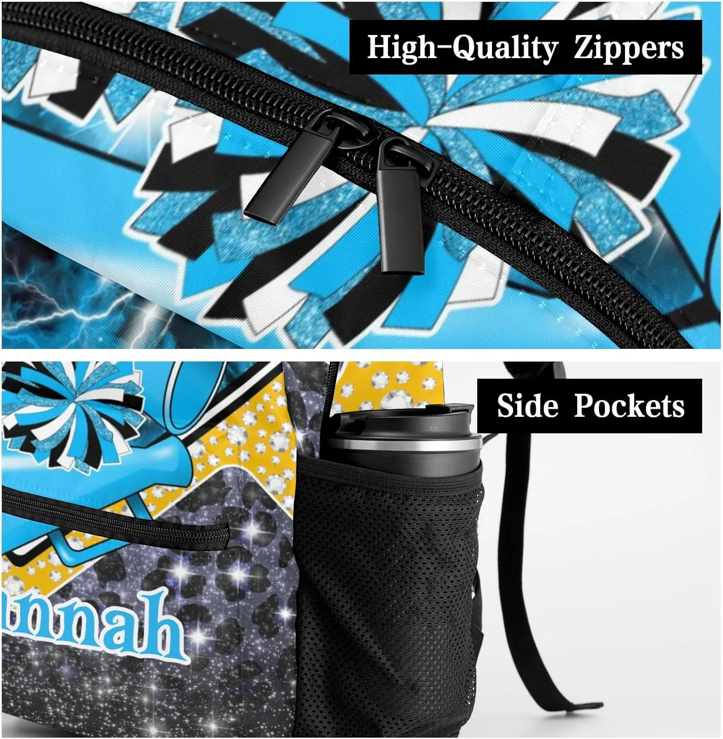 Cheer Bag Cheerleading Backpack Laptop Bag Customized Travel Daypack for Gift(Sky Blue Black Gold)