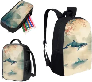 Chinoiserie Whale Mountian Backpack School Bags for Girls with Chinese Landspace Lunch Bag with Pencil Case 3-Pieces for Teens Boys Girls School