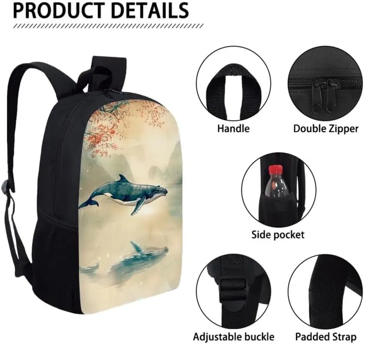 Chinoiserie Whale Mountian Backpack School Bags for Girls with Chinese Landspace Lunch Bag with Pencil Case 3-Pieces for Teens Boys Girls School