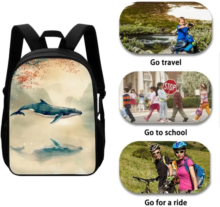 Chinoiserie Whale Mountian Backpack School Bags for Girls with Chinese Landspace Lunch Bag with Pencil Case 3-Pieces for Teens Boys Girls School