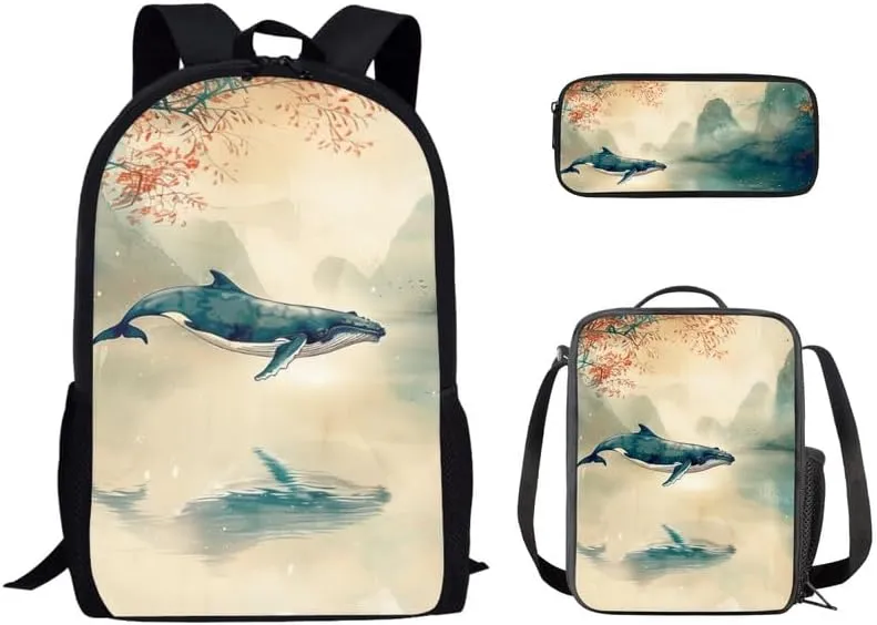 Chinoiserie Whale Mountian Backpack School Bags for Girls with Chinese Landspace Lunch Bag with Pencil Case 3-Pieces for Teens Boys Girls School