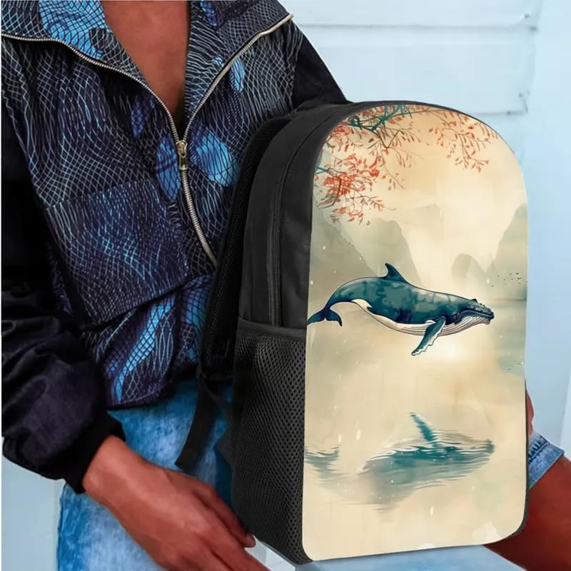 Chinoiserie Whale Mountian Backpack School Bags for Girls with Chinese Landspace Lunch Bag with Pencil Case 3-Pieces for Teens Boys Girls School