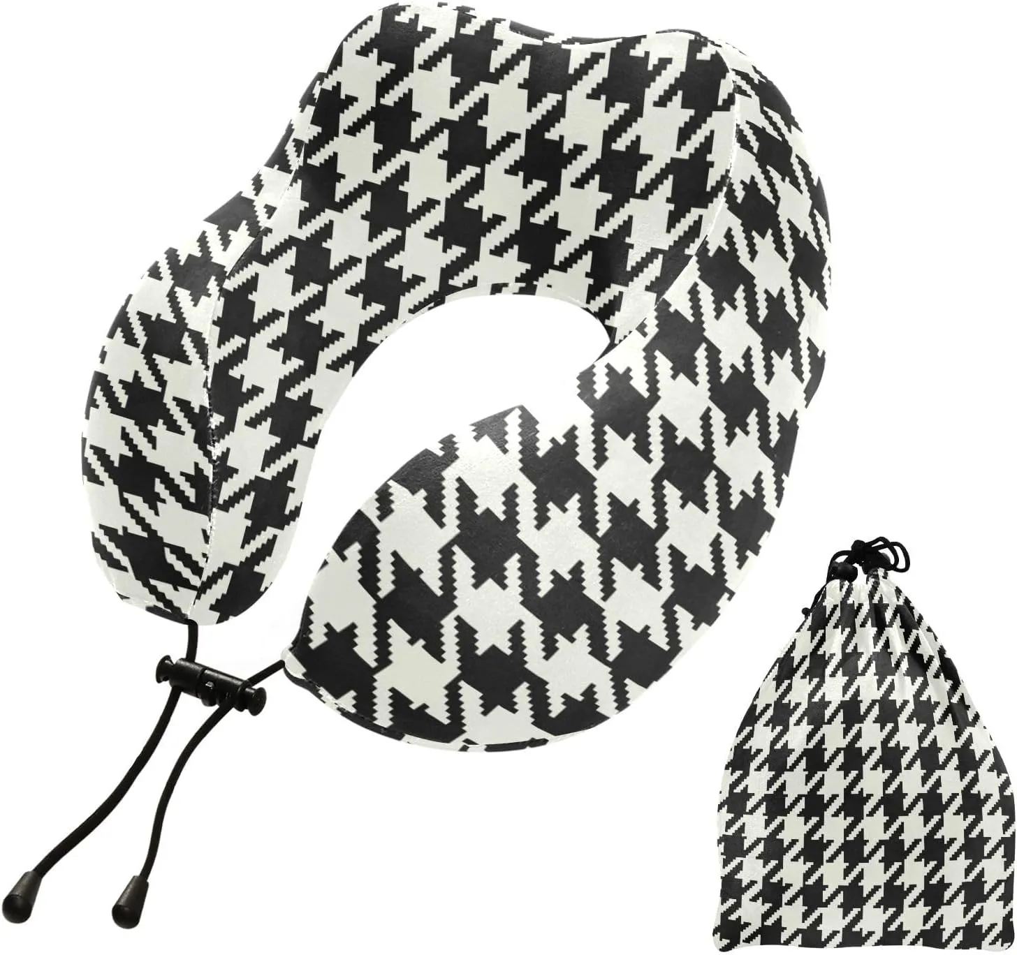 Classic Houndstooth Travel Neck Pillow Airplane Pillow Head Support Comfortable Airplane Pillow with Storage Bag Airplane Essentials for Airplane Car Home Use