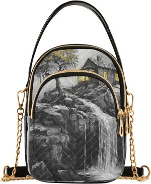 Cliff Cabin Waterfall Gray Multi Pockets Crossbody Bags for Women Zip Cell Phone Purse Wallet Bag with Detachable Shoulder Strap Travel Purse for Girls Women Trendy Gift Shopping Working Traveling