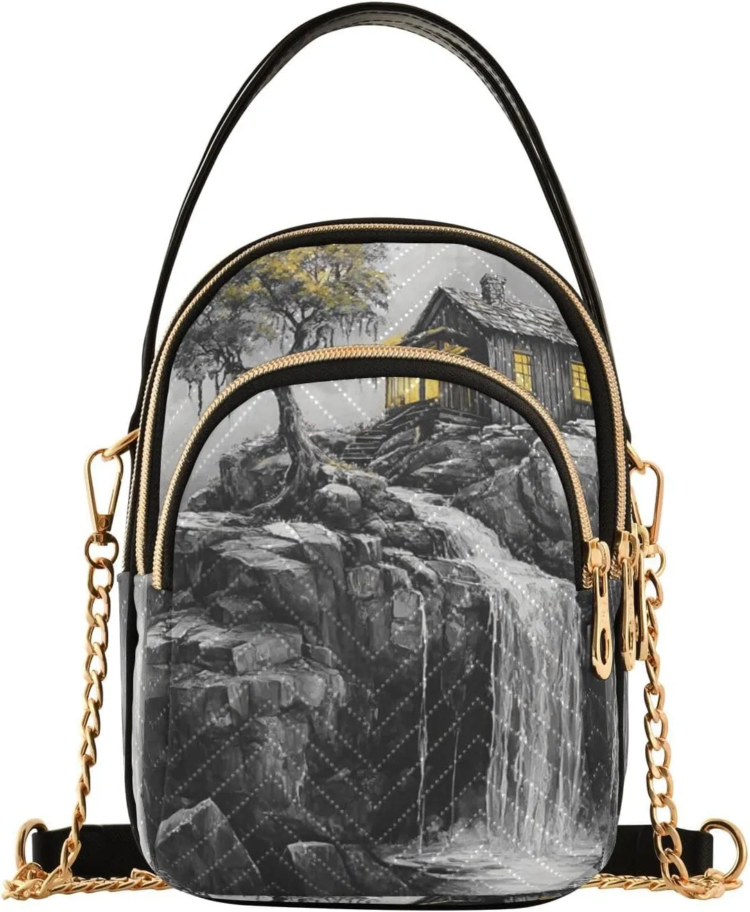Cliff Cabin Waterfall Gray Multi Pockets Crossbody Bags for Women Zip Cell Phone Purse Wallet Bag with Detachable Shoulder Strap Travel Purse for Girls Women Trendy Gift Shopping Working Traveling