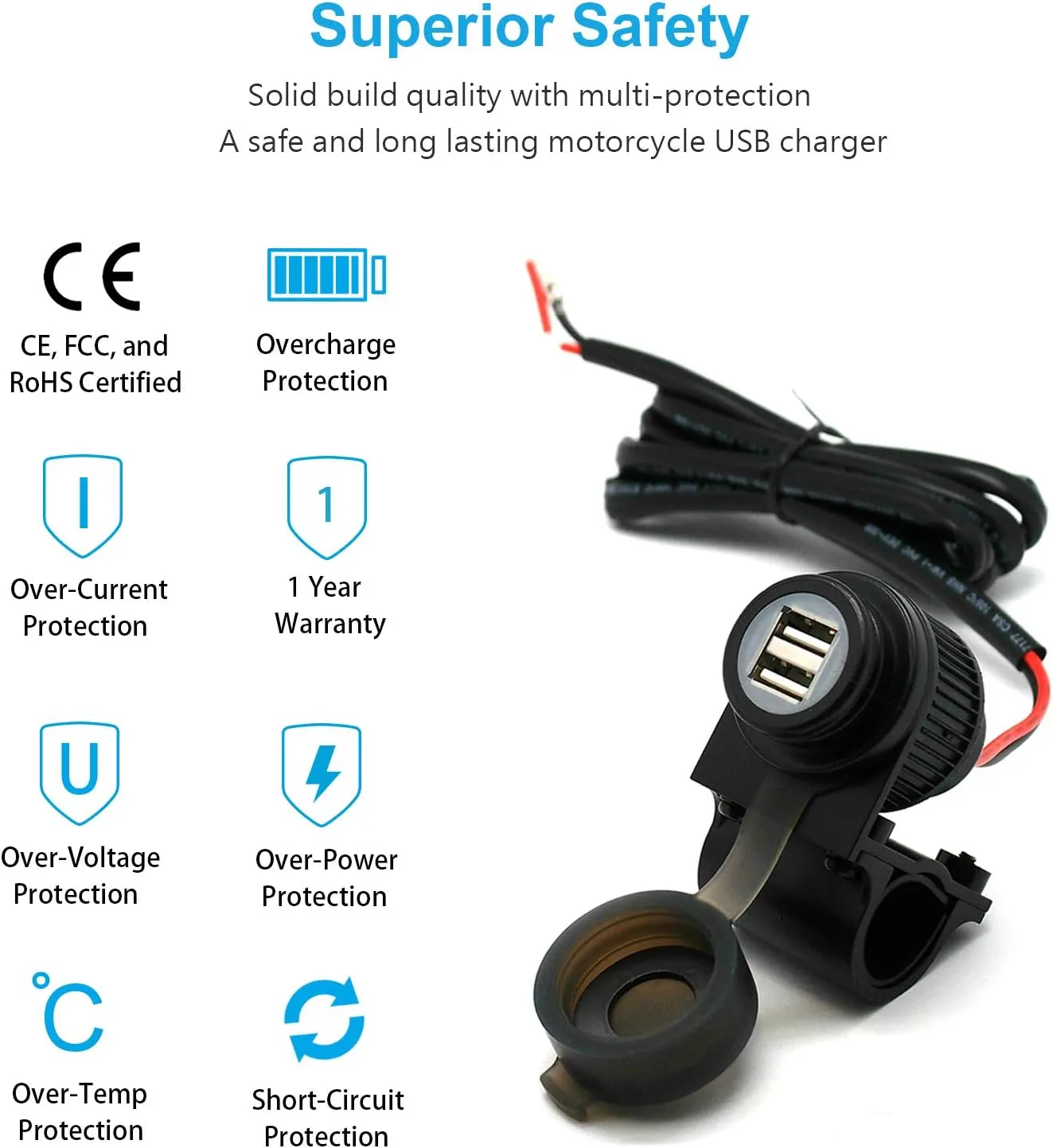 Cliff Top Motorcycle USB Charger Waterproof Dual USB Port 4A 20W, with Magnetic Power Switch Heavy Duty for 7/8’’ and 1’’ Handlebars - Prevents Battery Drain