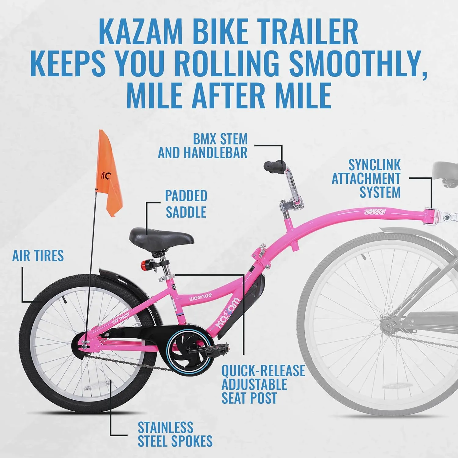 Co-Pilot Bike Trailer - 20 Inch Bike Trailer with Adjustable BMX Stem and Handlebar - Lightweight Aluminum Frame and Padded Saddle for Cycling - Perfect for Family Rides