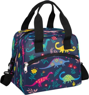 Colorful Dinosaurs Insulated Lunch Bag for Women Men Adult Cute Flower Large Cooler Thermal Lunch Box Durable Leakproof Tote Bag with Shoulder Strap for Work School Office Travel Meal Prep Bag