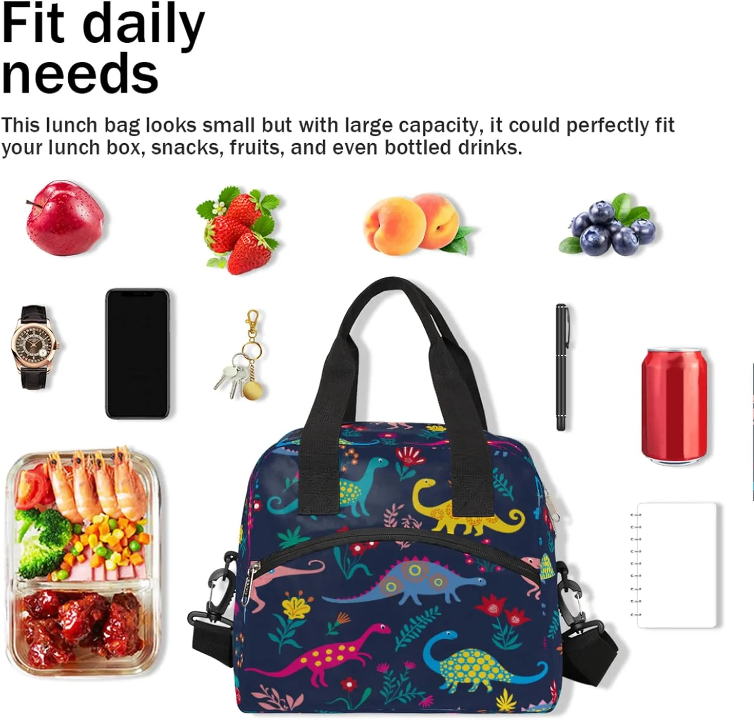 Colorful Dinosaurs Insulated Lunch Bag for Women Men Adult Cute Flower Large Cooler Thermal Lunch Box Durable Leakproof Tote Bag with Shoulder Strap for Work School Office Travel Meal Prep Bag