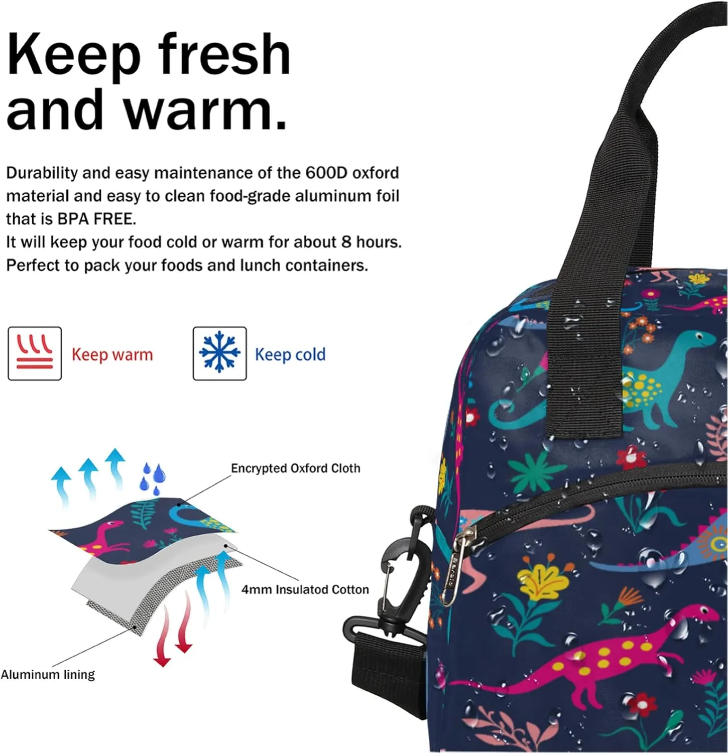 Colorful Dinosaurs Insulated Lunch Bag for Women Men Adult Cute Flower Large Cooler Thermal Lunch Box Durable Leakproof Tote Bag with Shoulder Strap for Work School Office Travel Meal Prep Bag