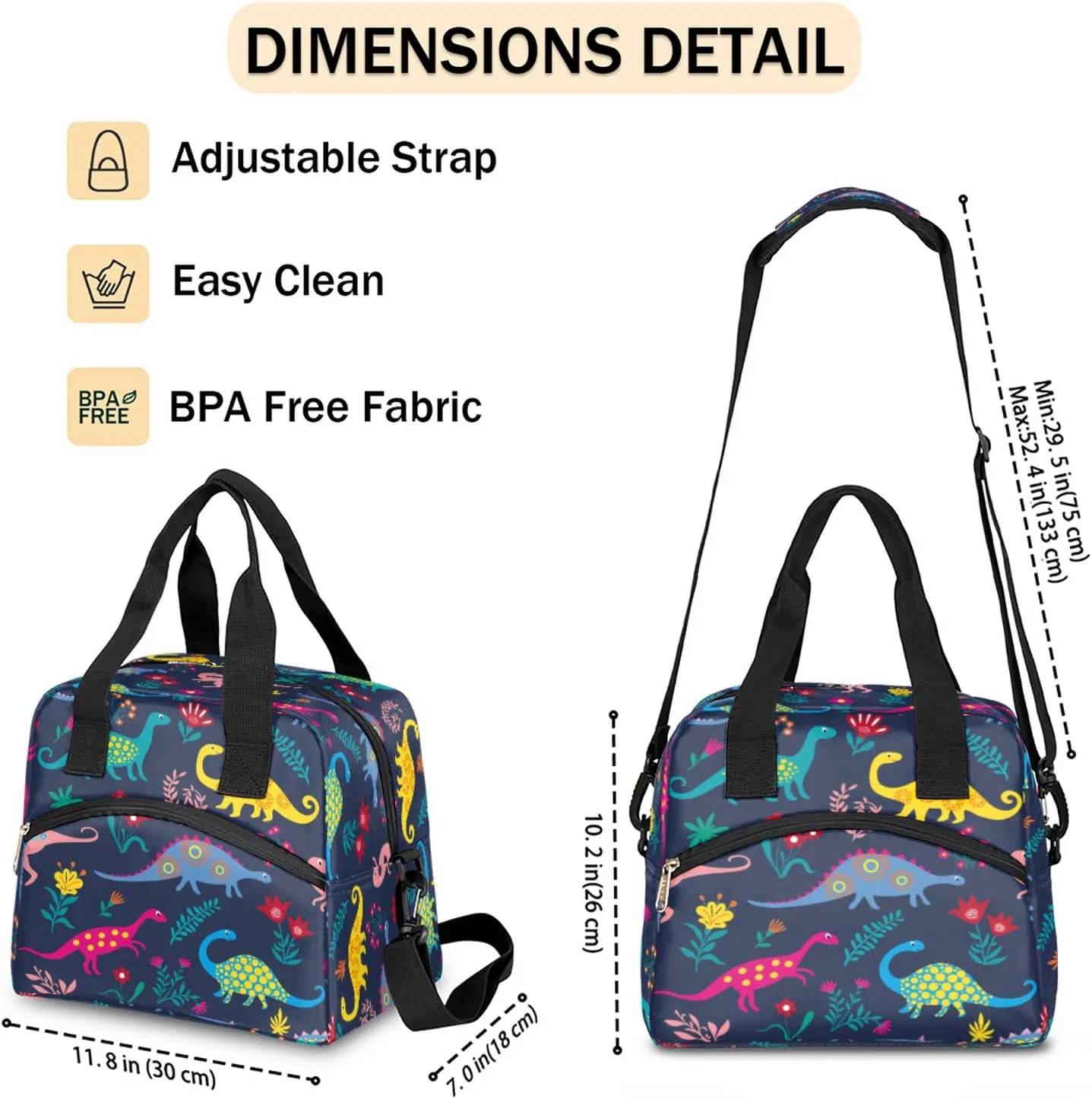 Colorful Dinosaurs Insulated Lunch Bag for Women Men Adult Cute Flower Large Cooler Thermal Lunch Box Durable Leakproof Tote Bag with Shoulder Strap for Work School Office Travel Meal Prep Bag