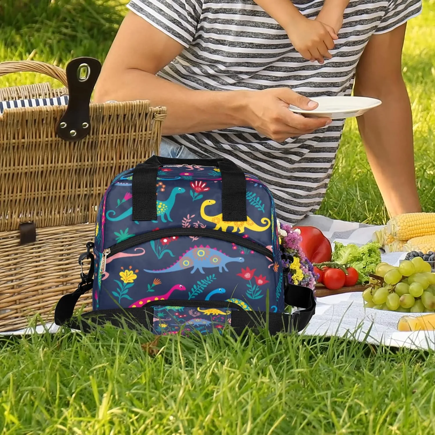 Colorful Dinosaurs Insulated Lunch Bag for Women Men Adult Cute Flower Large Cooler Thermal Lunch Box Durable Leakproof Tote Bag with Shoulder Strap for Work School Office Travel Meal Prep Bag