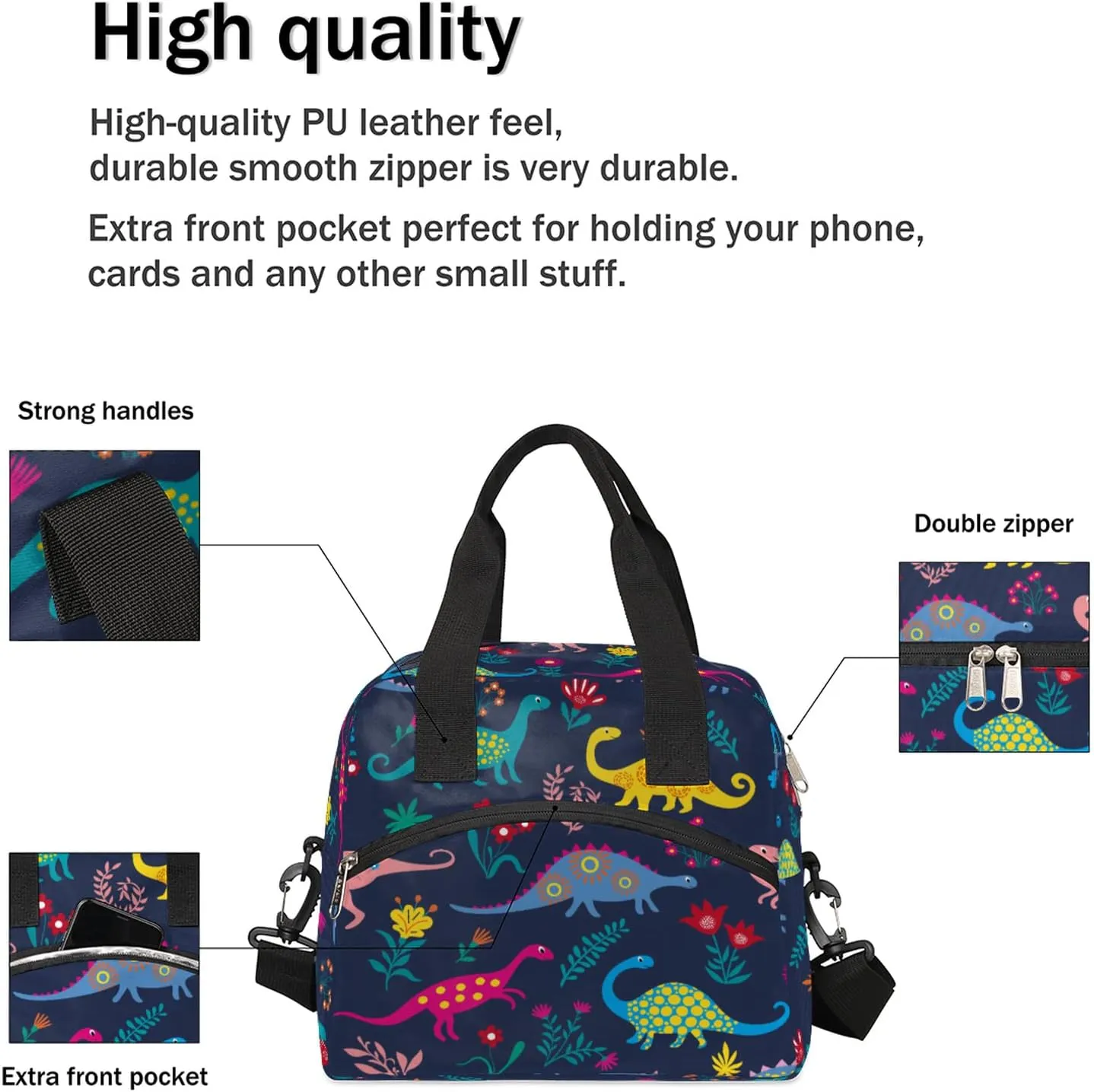 Colorful Dinosaurs Insulated Lunch Bag for Women Men Adult Cute Flower Large Cooler Thermal Lunch Box Durable Leakproof Tote Bag with Shoulder Strap for Work School Office Travel Meal Prep Bag