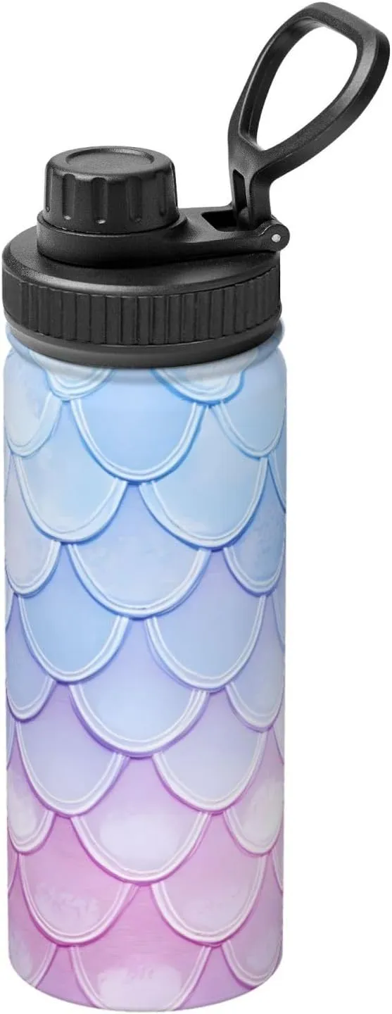 Colorful Mermaid 18oz Vacuum Insulated Water Bottle with Spout Lid and Handle, Cute Fish Scale Stainless Steel Thermal Water Jug, Leakproof Flask for Gym Hiking Travel Office
